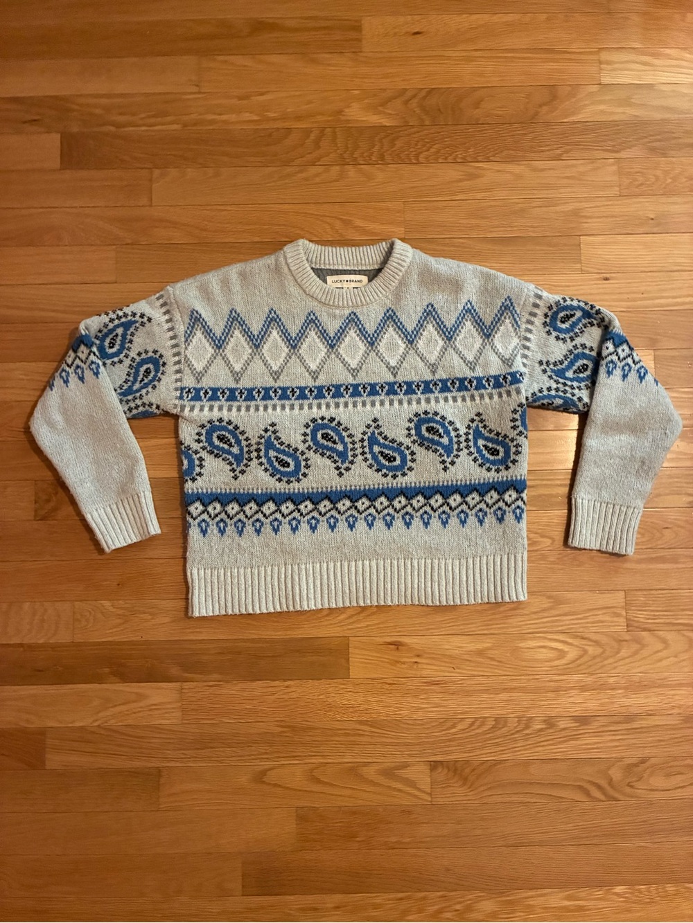 Lucky Brand Gray Crewneck Sweater with Blue Paisley & Diamond Motif